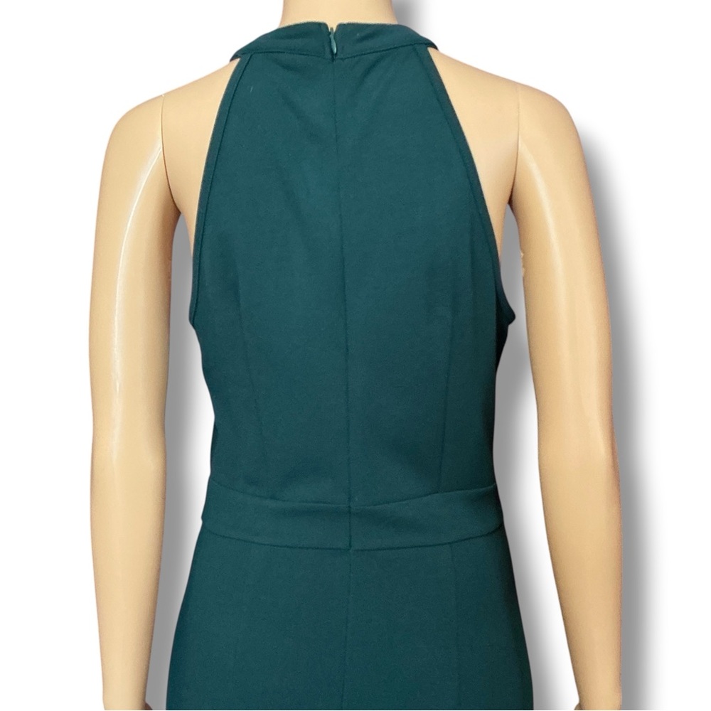 Sleeveless Hunter Green Halter Ruffle Front Evening Dress - Picture 5 of 14